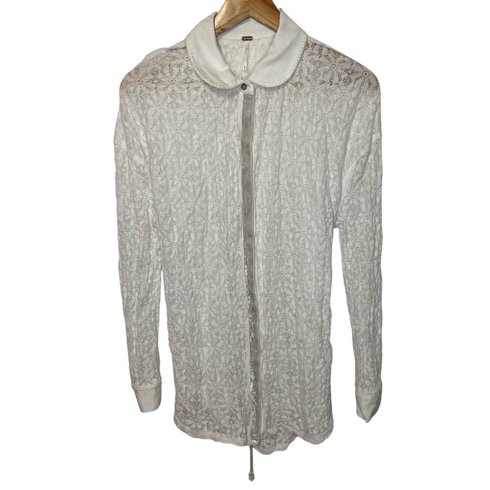 Free People White Tunic Top M Womens Button Front Collared Long Sleeve Lace Tie - Picture 1 of 10